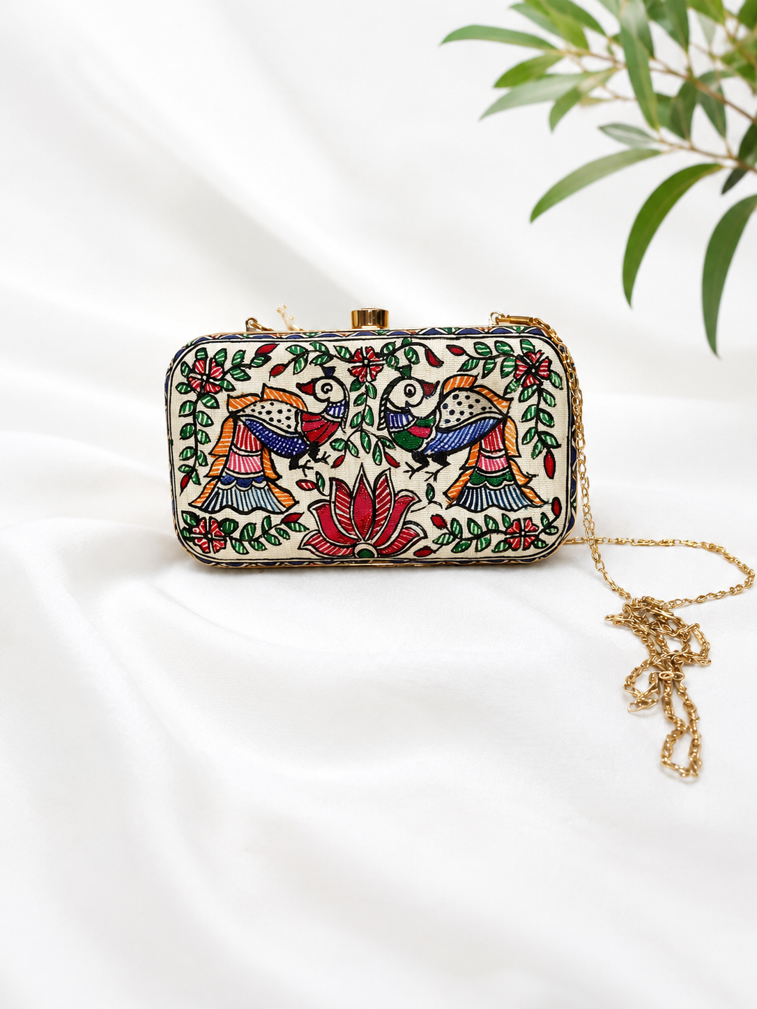 Handpainted Madhubani Doli Ka Haar & Peacock Canvas Clutch Bag