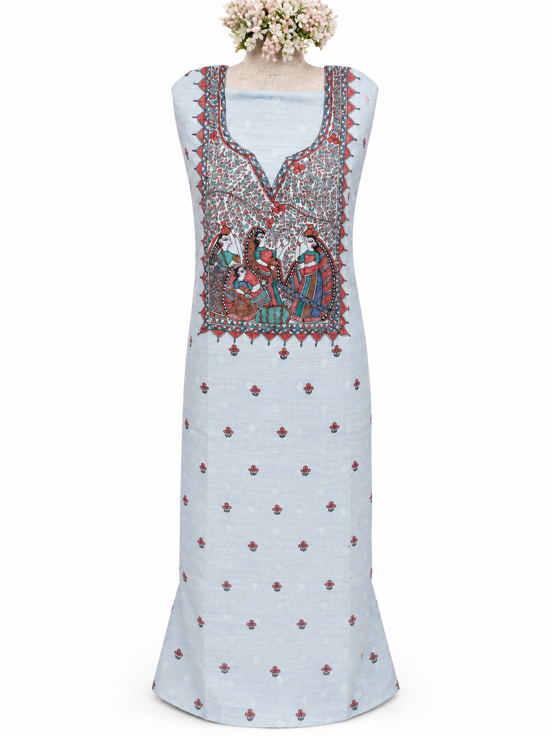 Hand-painted Madhubani Chanderi Suit Set with Boutique Work Kurti, Artistic Fish-Inspired Dupatta and Zari Border