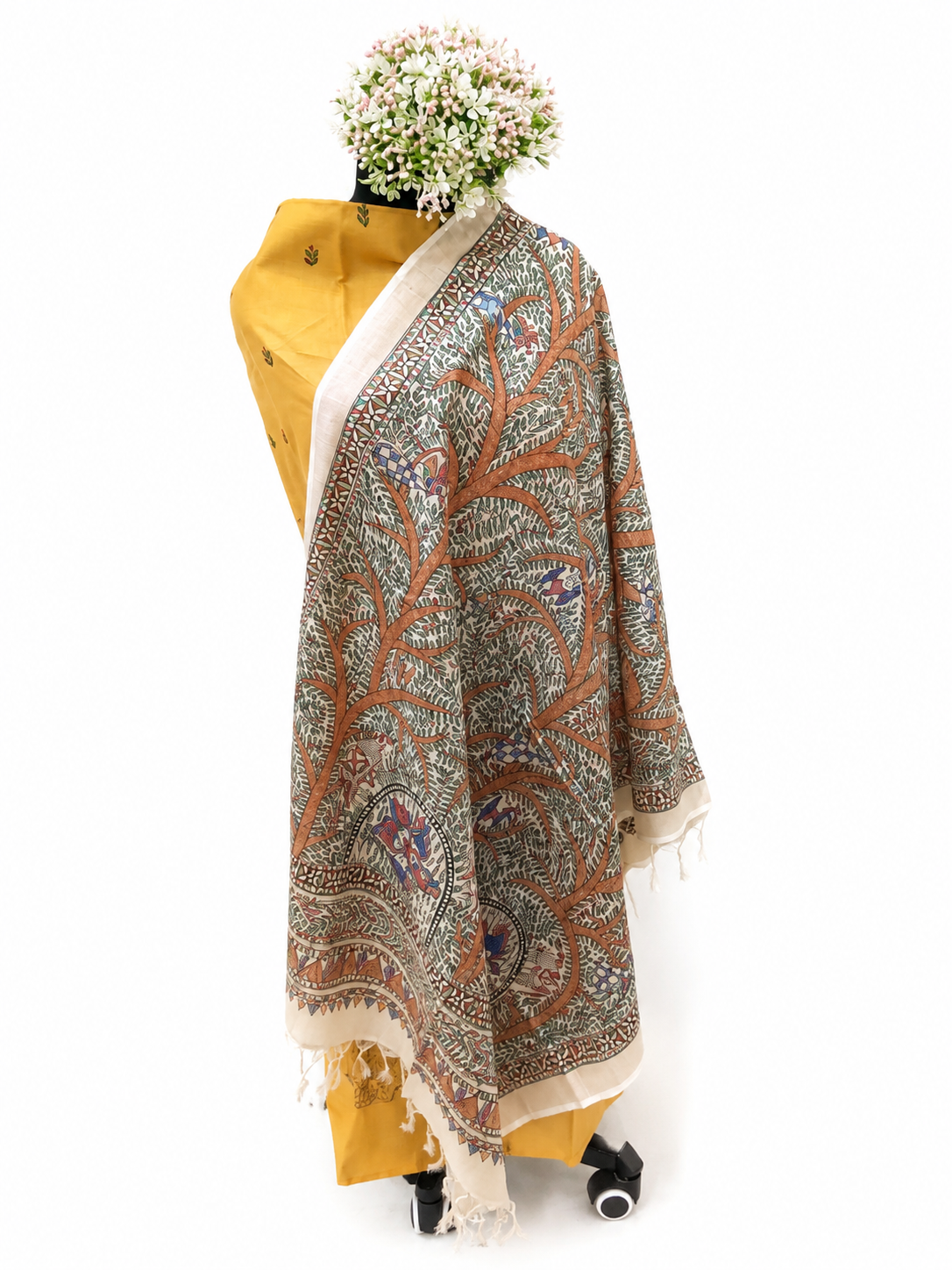 Unstitched Handpainted Tussar Munga Silk Suit Set with Fish, Peacock and Elephant Motifs, Boutique Work Dupatta with Zari Border and Cotton Lower