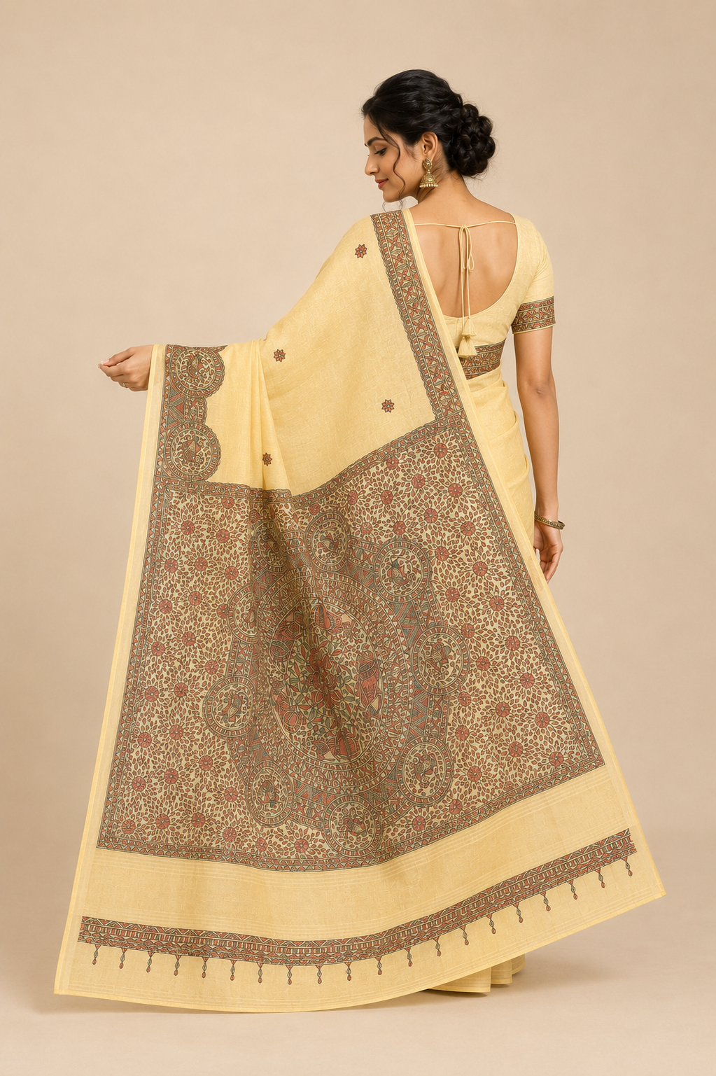Hand-painted Butter Yellow Premium Linen Madhubani Saree with Zari Border, Peacock & Fish Motifs