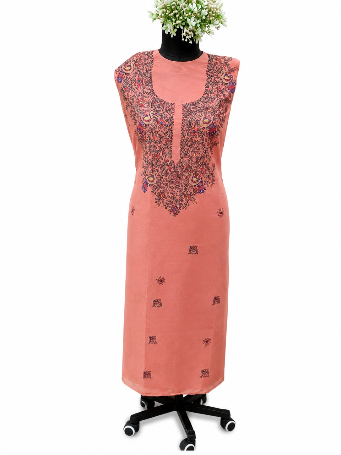 Hand-painted Madhubani Tussar Munga Silk Suit Set with Peacock and Elephant-Inspired Artwork, Sujani Detailing, Floral Vine Boutique Accents, Designer Neckline and Matching Dupatta with Zari Border