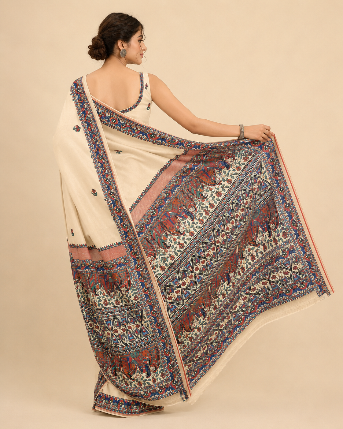 Hand-painted Tussar Munga Silk Saree with All-Over Madhubani Painting & Rich Zari Border