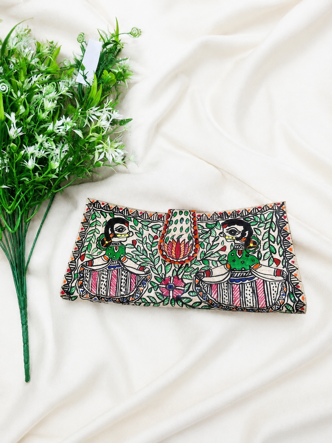 Hand-painted Premium Beige Linen Canvas Envelope Clutch Wallet with Paisley Lining & Center Zip Pocket