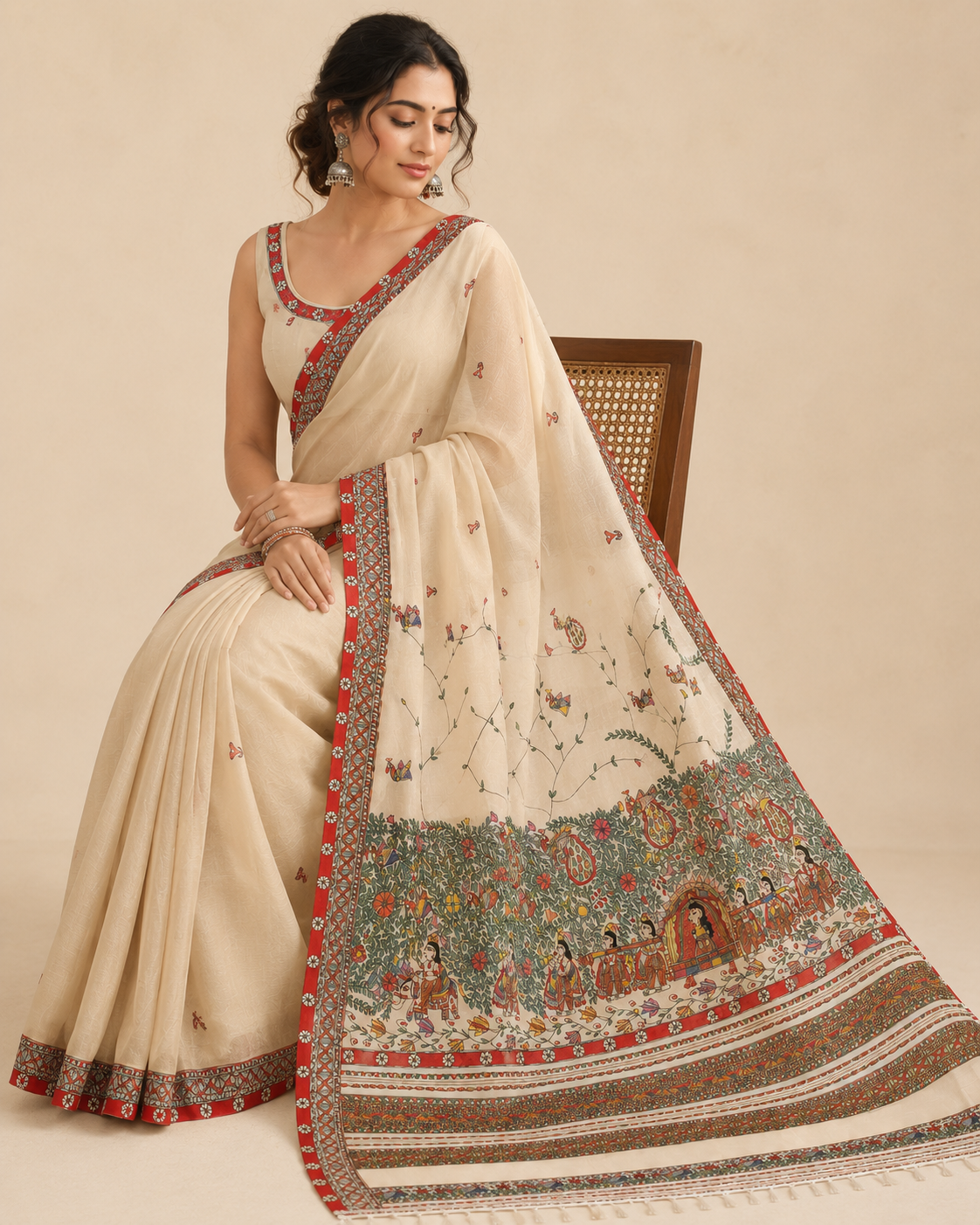 Hand-Painted Doli Ka Haar Madhubani Linen Cotton Saree with Bird Butis & Silver Zari Border in Natural Beige