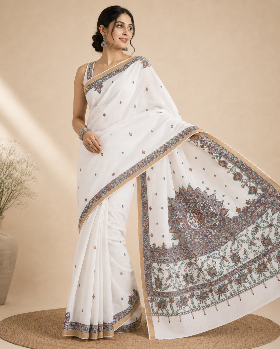 Hand-Painted Ivory Kerala Cotton Saree with Zari Border –  Mithila Bloom