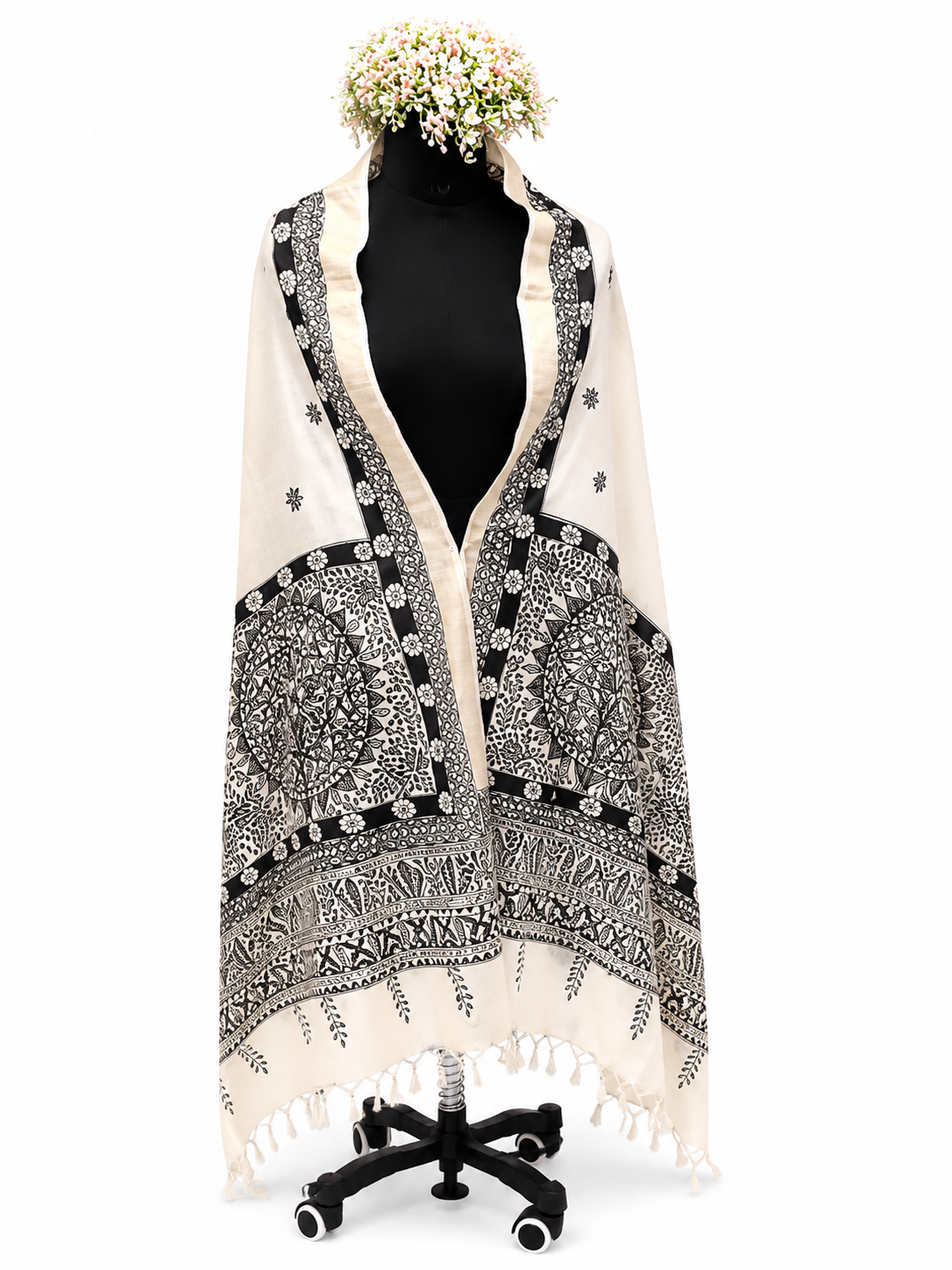 Handpainted Tussar Munga Silk Dupatta – Floral Vines and  Aquatic Artistry