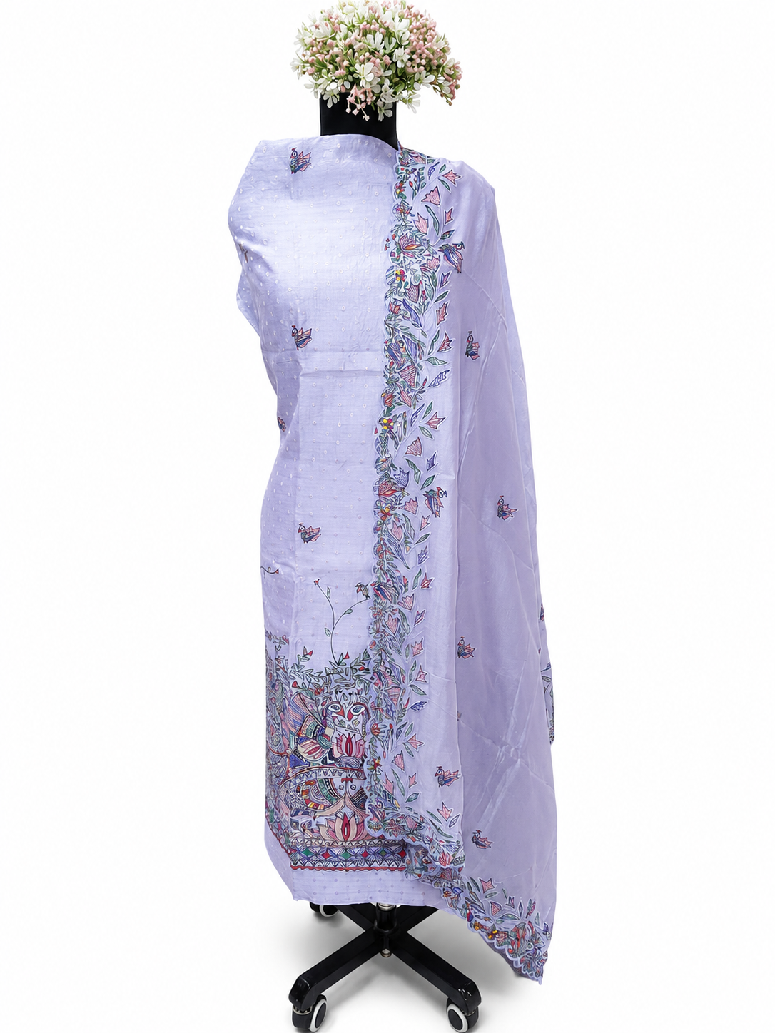 Hand-Painted Madhubani Chanderi Unstitched Suit Set - Pastel Purple