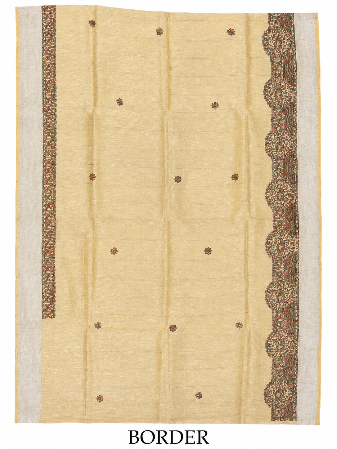 Hand-painted Butter Yellow Premium Linen Madhubani Saree with Zari Border, Peacock & Fish Motifs