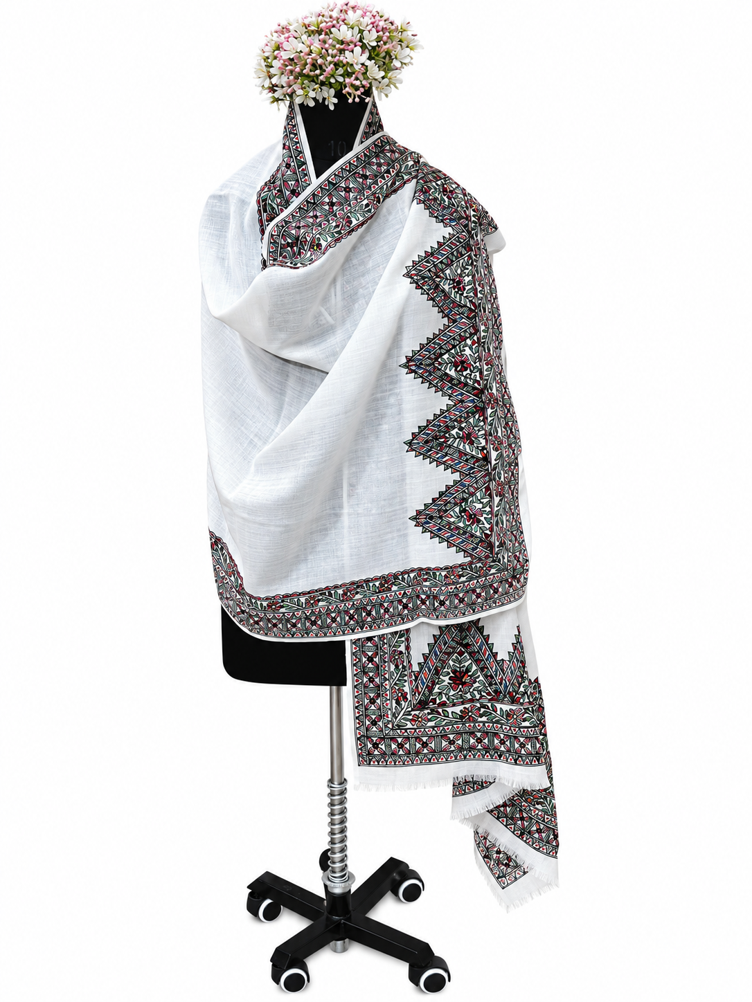 Premium White Pashmina Hand-Painted Madhubani Floral Vine Stole