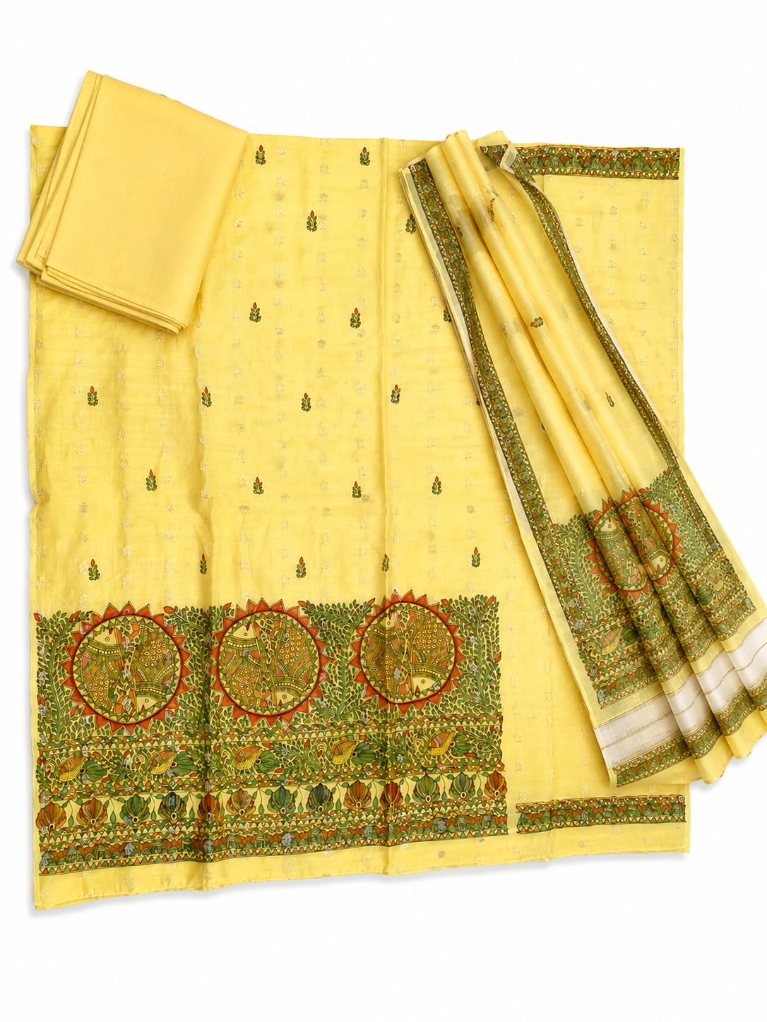 Hand-painted Madhubani Chanderi Suit Set with Artistic Boutique Detailing, Peacock and Aquatic-Inspired Illustrations and Coordinated Dupatta