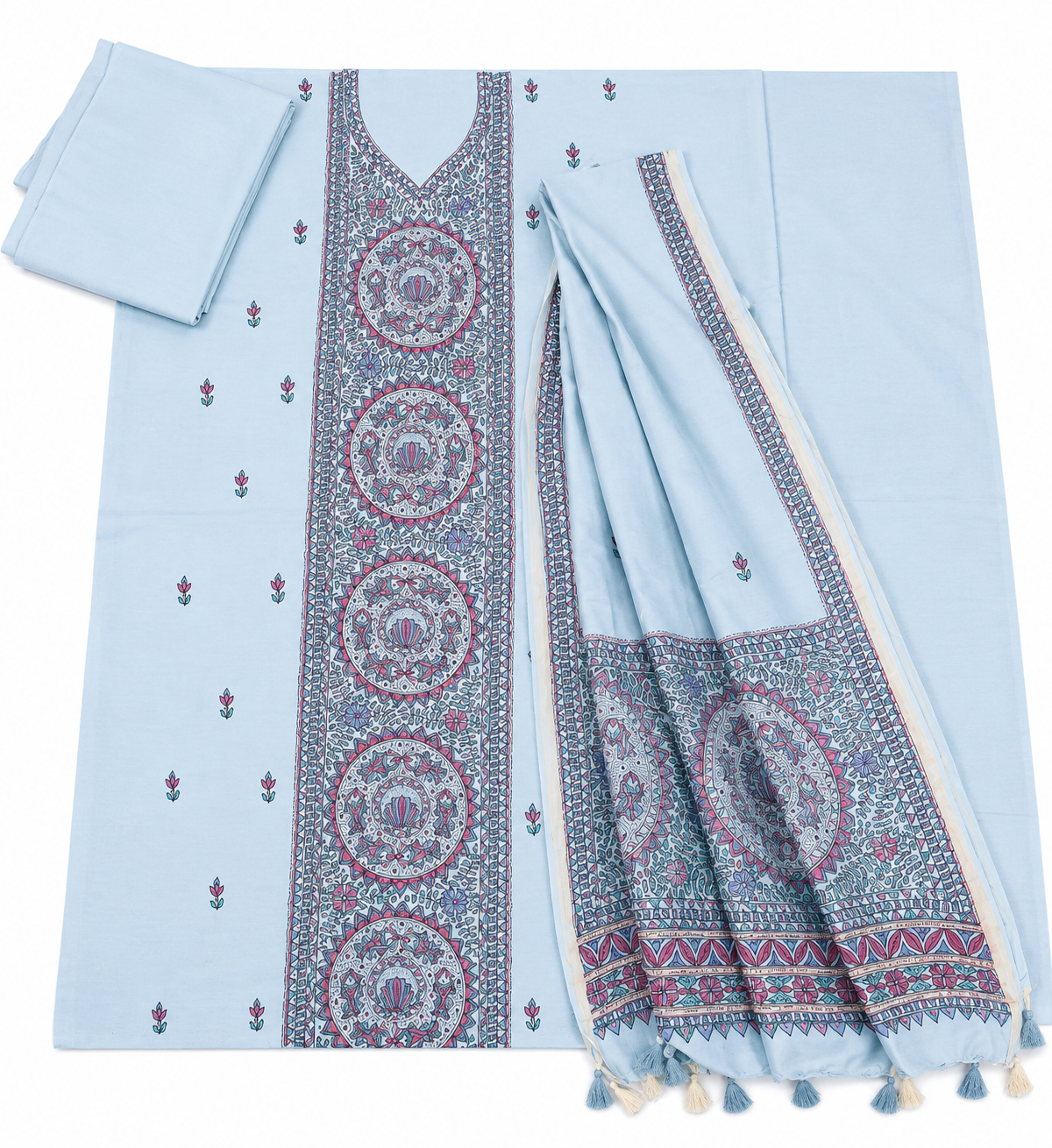 Hand-painted Madhubani Tussar Munga Silk Suit Set with Boutique Kurti, Aquatic and Botanical Artwork, Artistic Anchal Dupatta, Zari Border and Cotton Lower