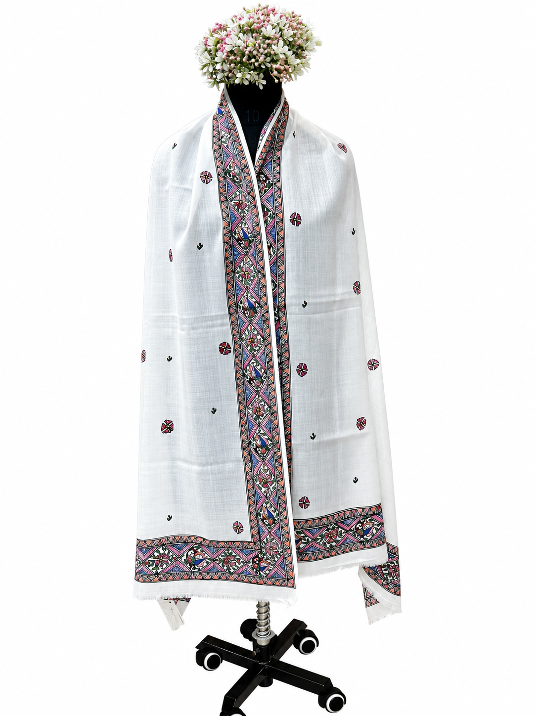 Premium White Pashmina Hand-Painted Madhubani Peacock Motif Stole with Floral Butis