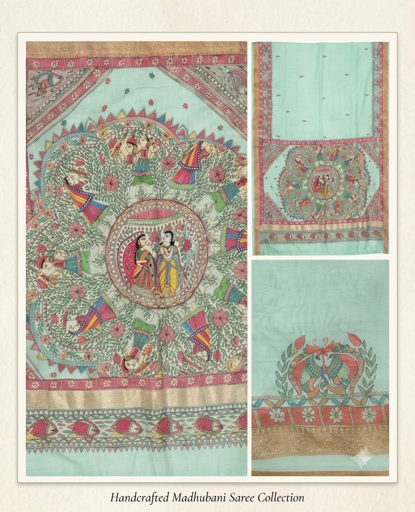 Hand-painted Chanderi Madhubani Saree with Designer Zari Border in Pastel Mint Green