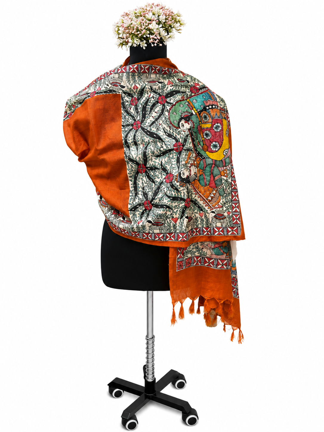 Premium Burnt Orange Cotton Silk Hand-Painted Madhubani Krishna Meera Stole