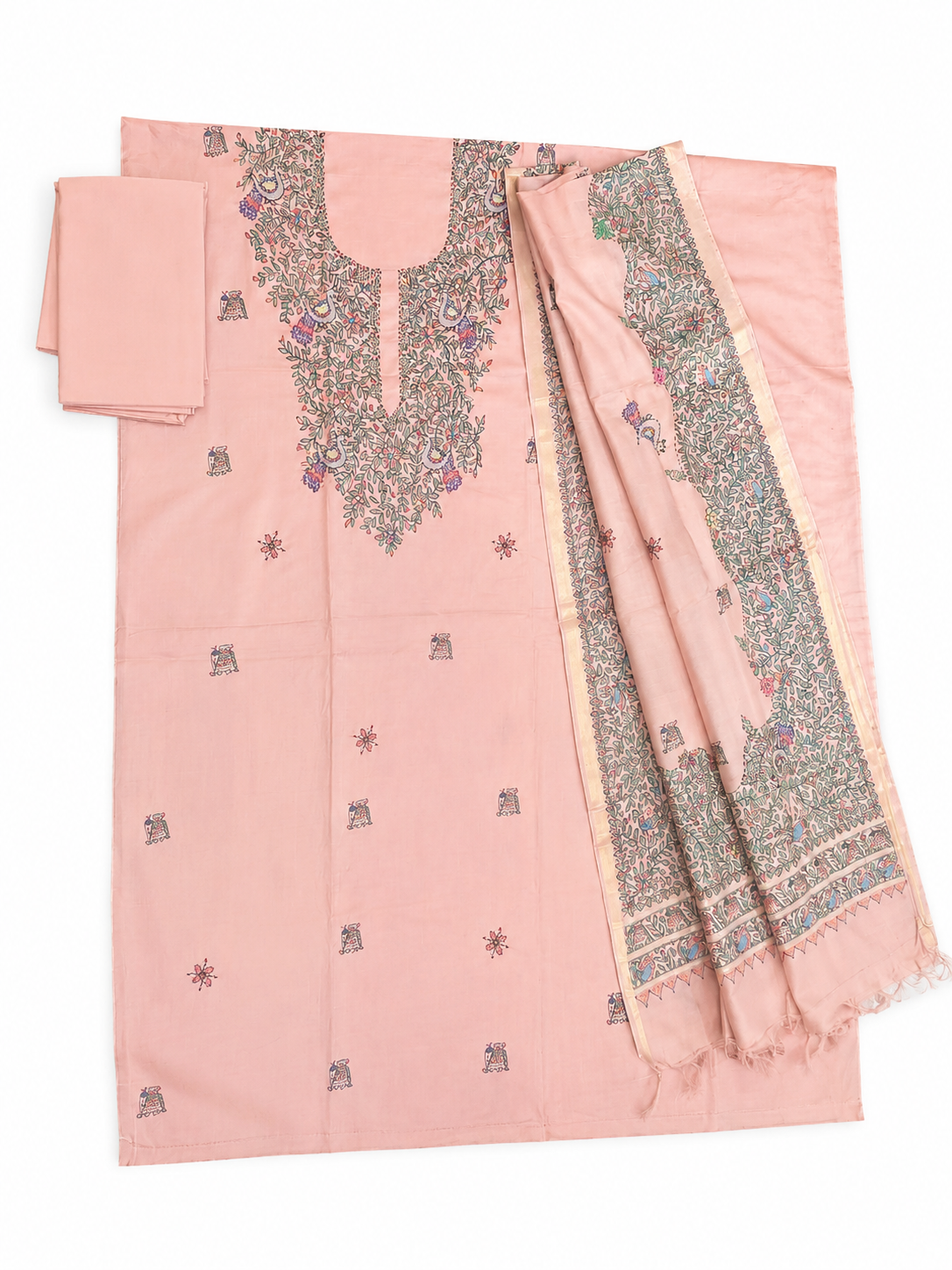 Hand-painted Madhubani Tussar Munga Silk Suit Set with Peacock and Elephant-Inspired Artwork, Sujani Detailing, Floral Vine Boutique Accents, Designer Neckline and Matching Dupatta with Zari Border