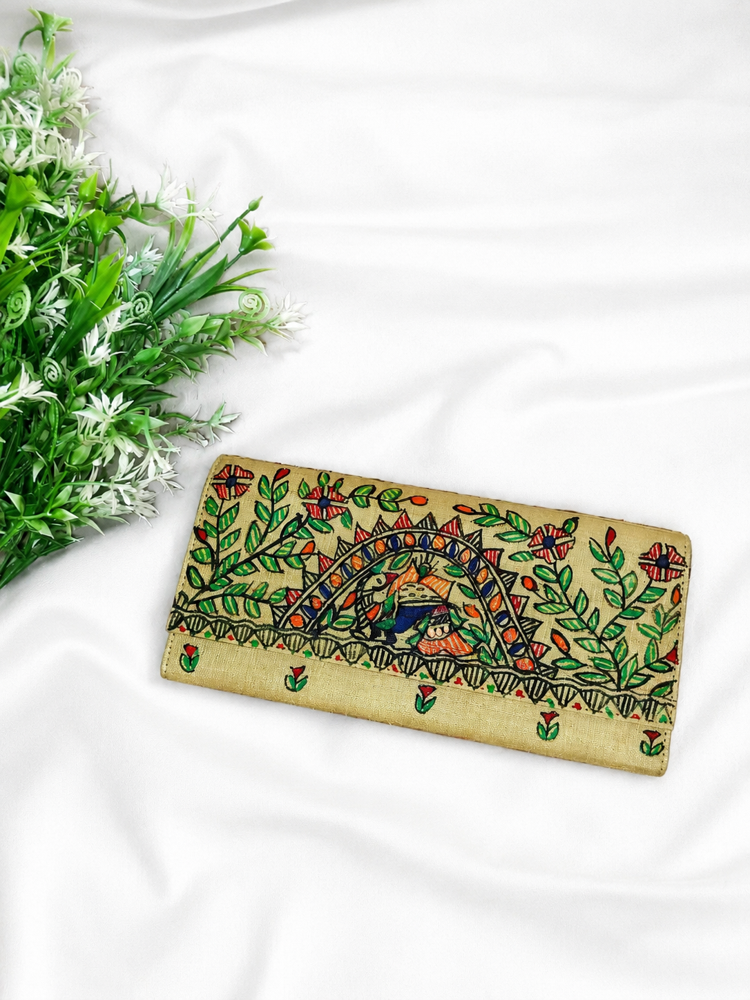 Hand-painted Mustard Yellow Madhubani Dual-Sided Long Wallet for Women with Zip Pocket & Card Slots