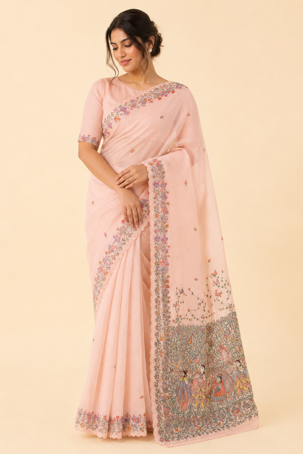Hand-painted Organza Madhubani Saree – Doli Ka Haar Theme with Cutdana Work & Scalloped Border
