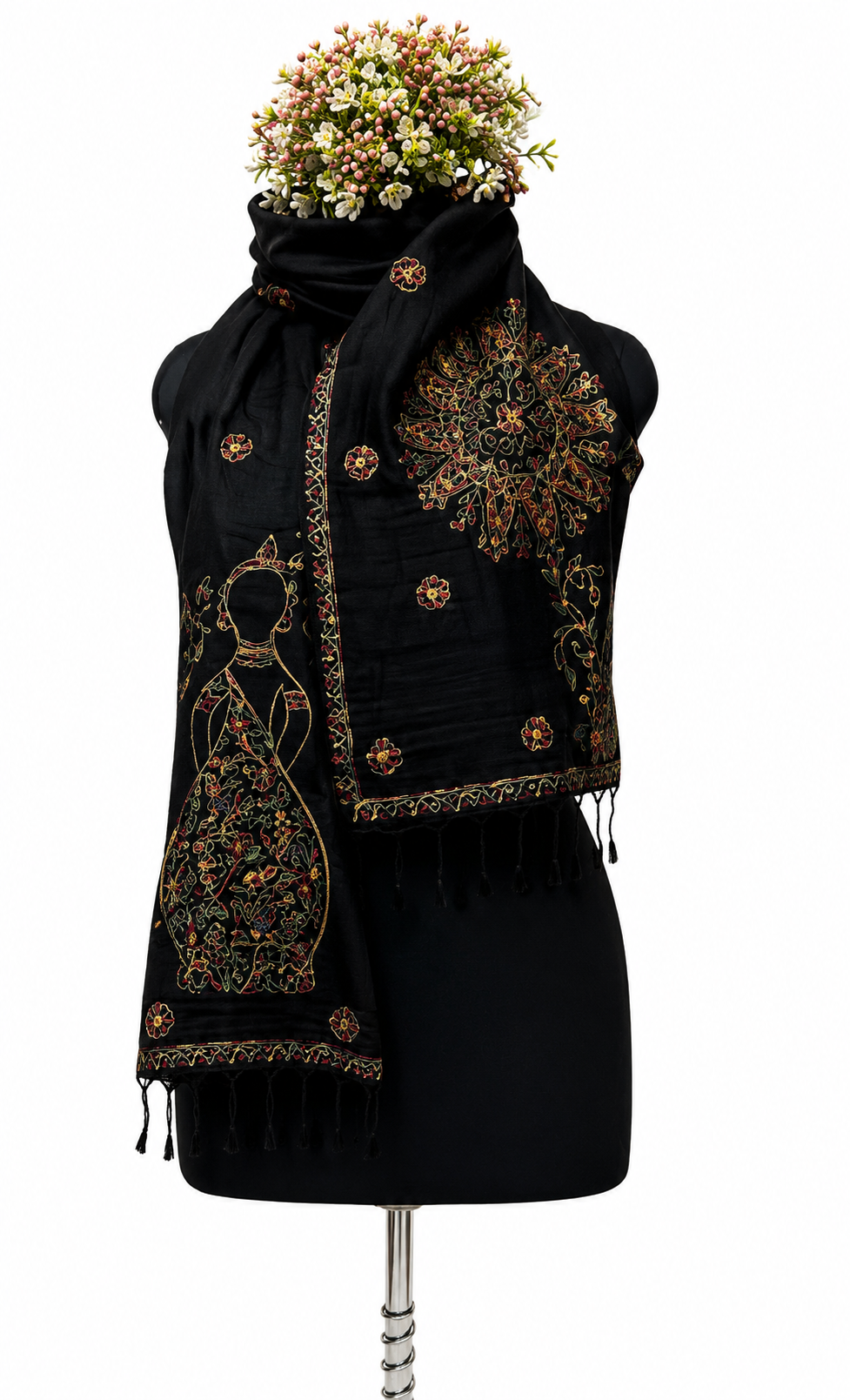 Handpainted Madhubani Dupion Silk Stole with Buddha Motif