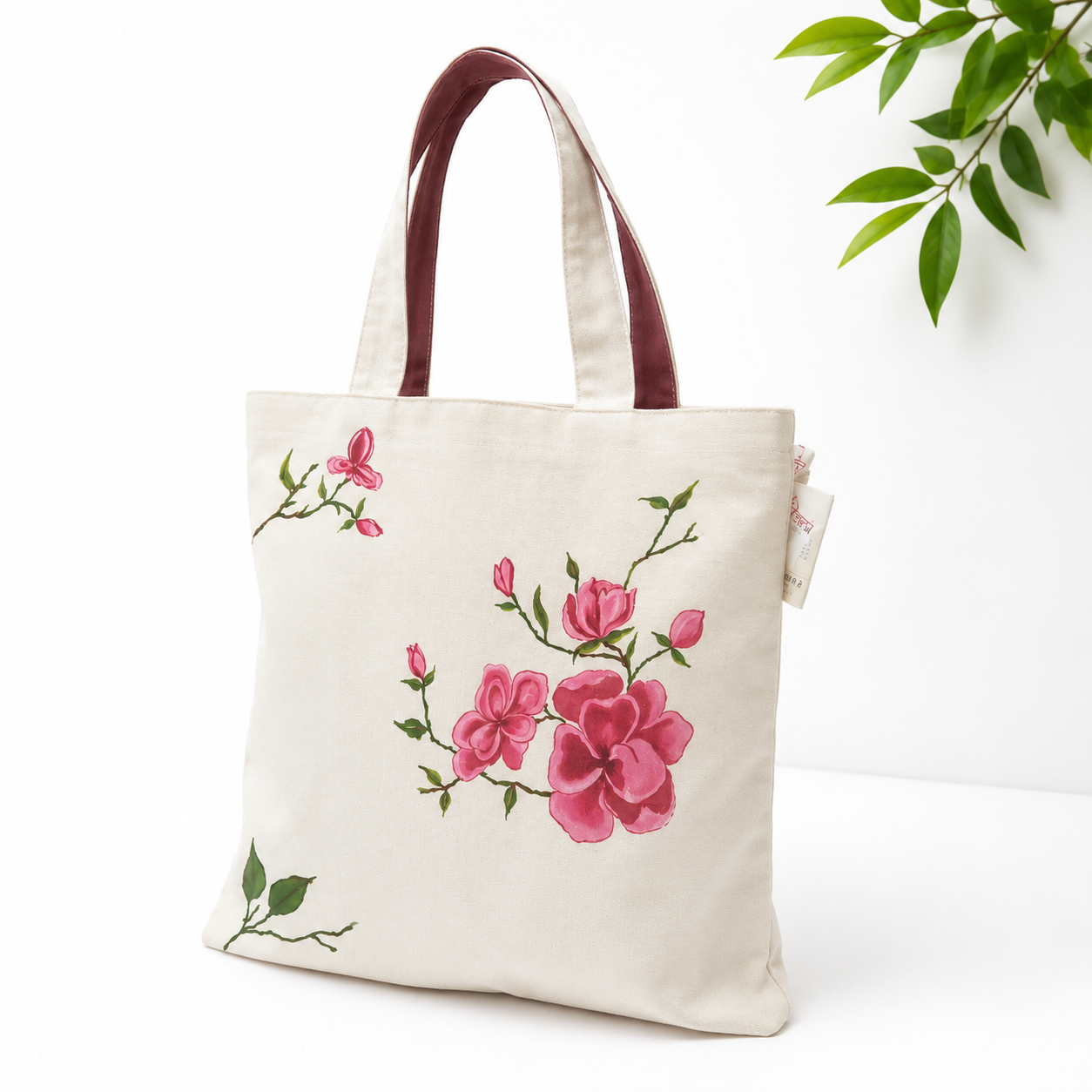Hand-Painted Blooming Floral Cotton Tote Bag