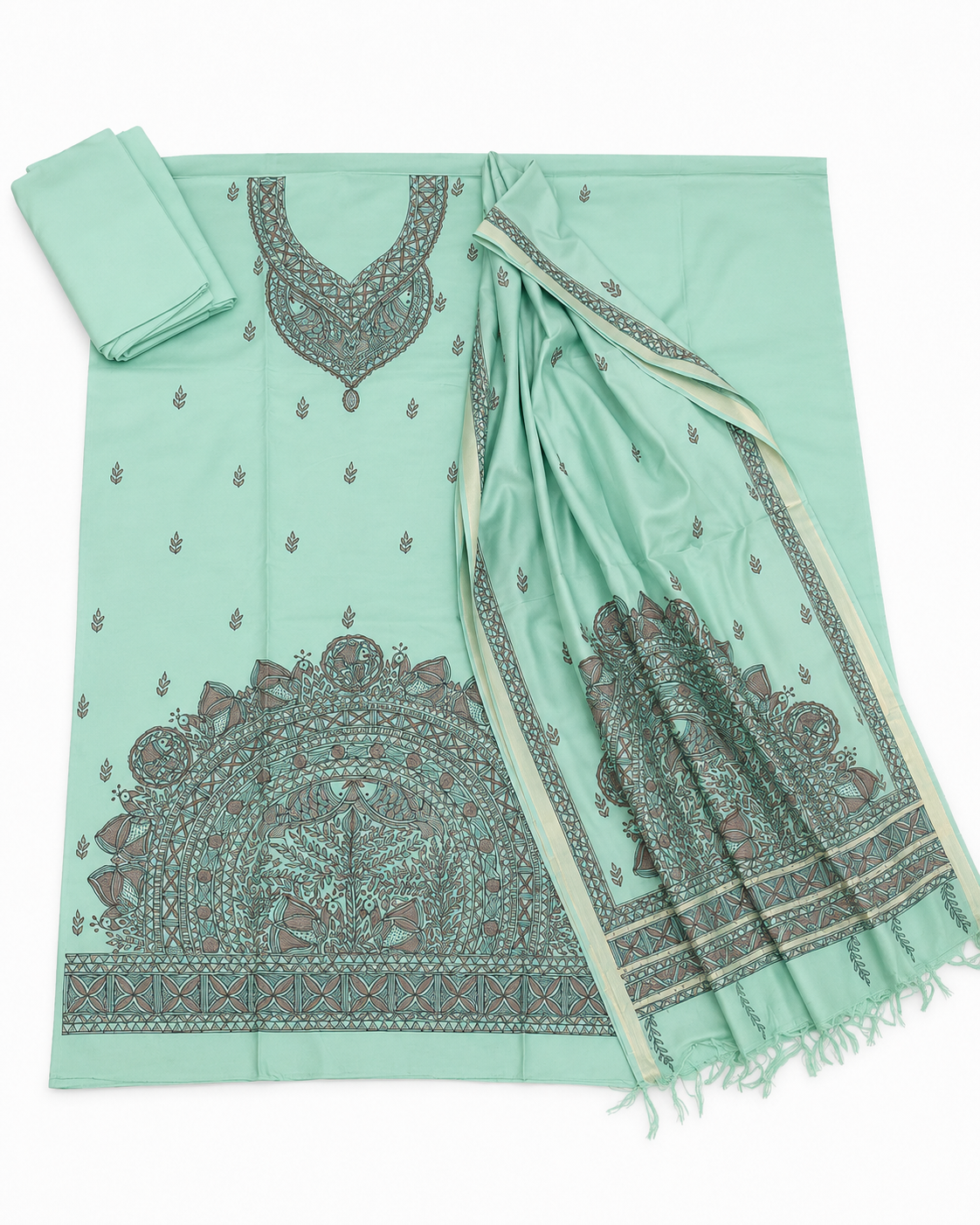 Hand Painted Madhubani Tussar Munga Silk Suit Set with Tree of Life, Bird and Peacock-Inspired Artwork, Boutique Work and Traditional Mithila Border Art