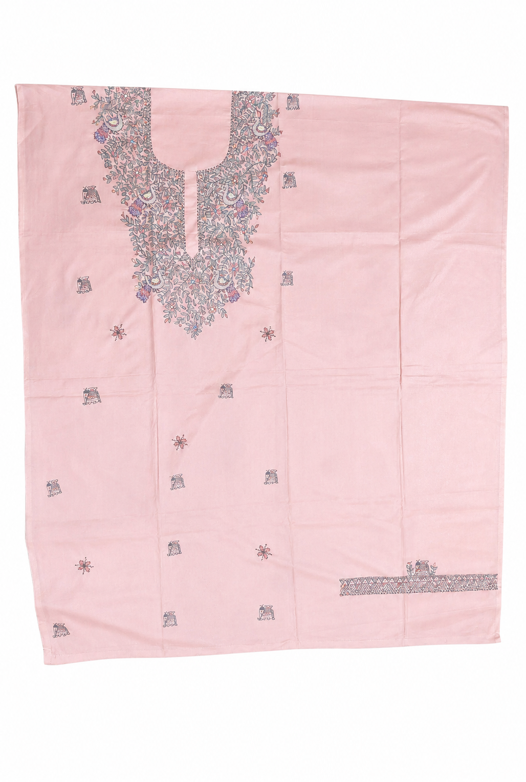 Hand-painted Madhubani Tussar Munga Silk Suit Set with Peacock and Elephant-Inspired Artwork, Sujani Detailing, Floral Vine Boutique Accents, Designer Neckline and Matching Dupatta with Zari Border