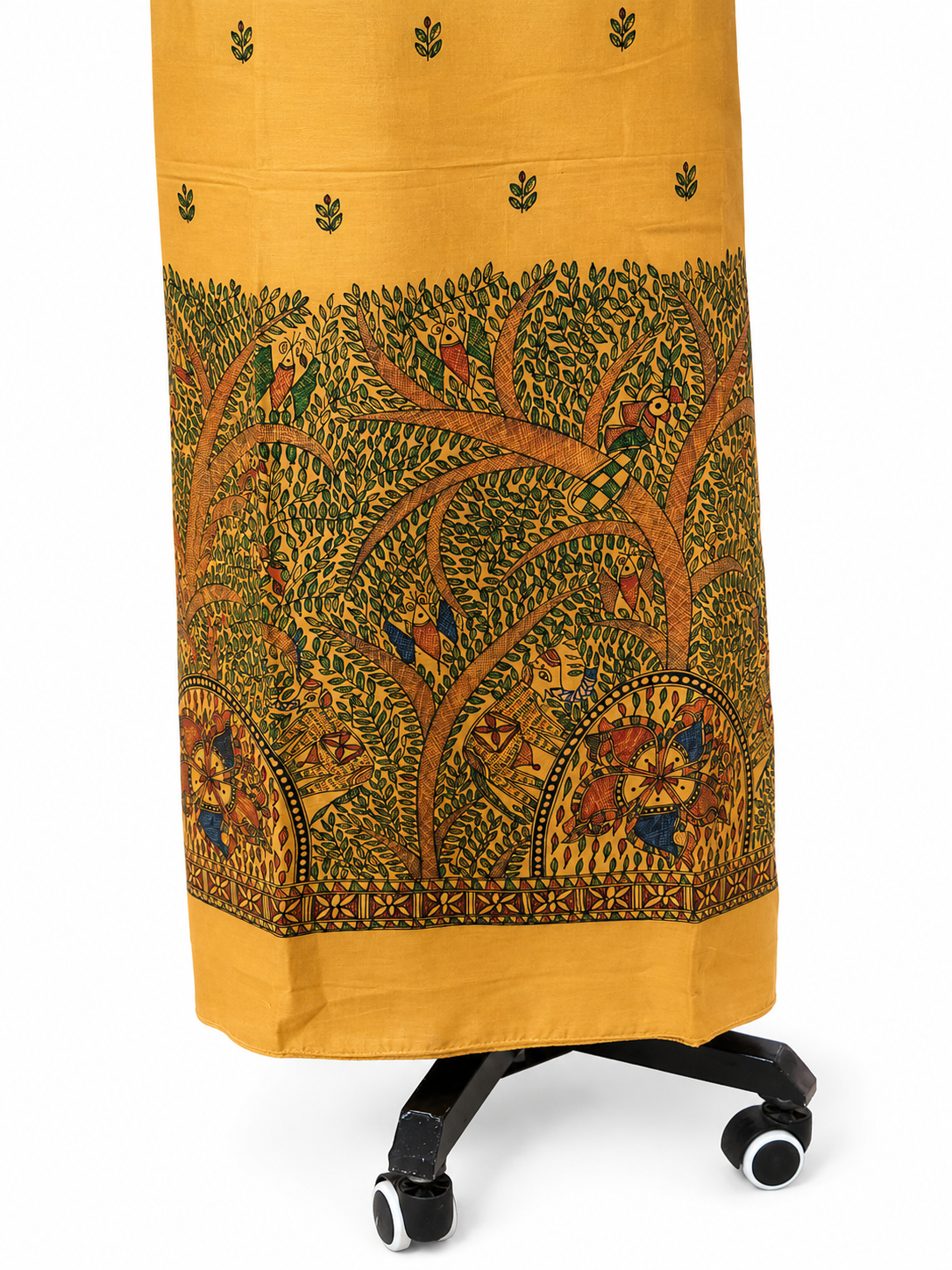 Unstitched Handpainted Tussar Munga Silk Suit Set with Fish, Peacock and Elephant Motifs, Boutique Work Dupatta with Zari Border and Cotton Lower