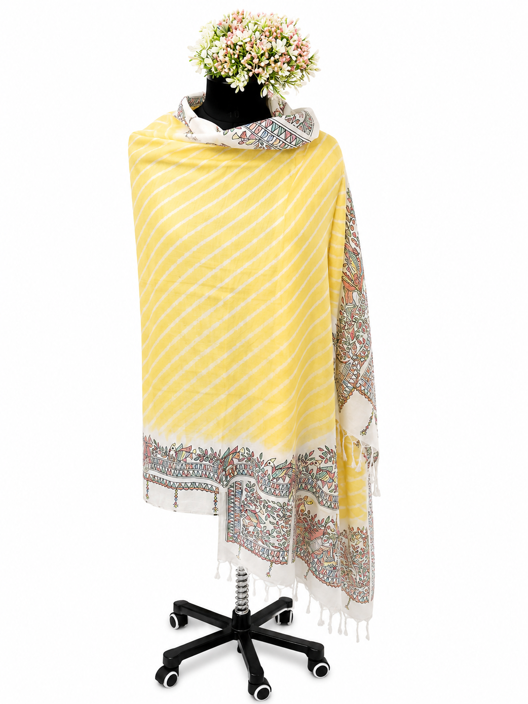 Hand-Painted Vrindavan Leheriya Radha Krishna Tussar Munga Silk Dupatta