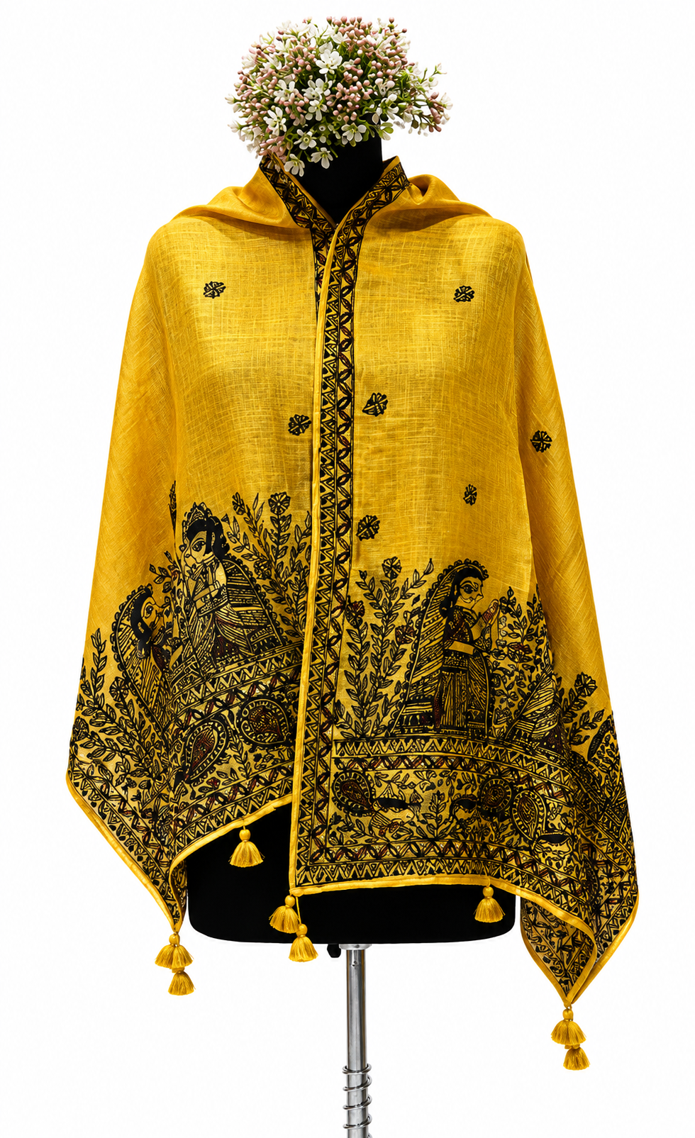 Handpainted Madhubani Linen Stole with Ram Swayamvar & Peacock Motifs