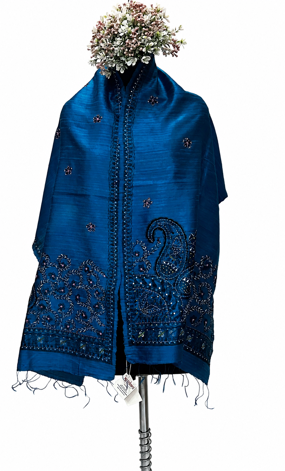 Handpainted Madhubani Dupion Silk Stole with Sujani & Flora-Fauna Motifs