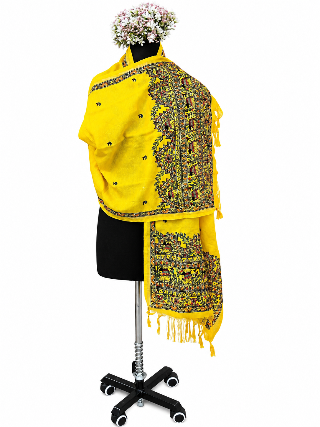 Premium Katan Silk Hand-Painted Madhubani Elephant Motif Stole with Floral Butis