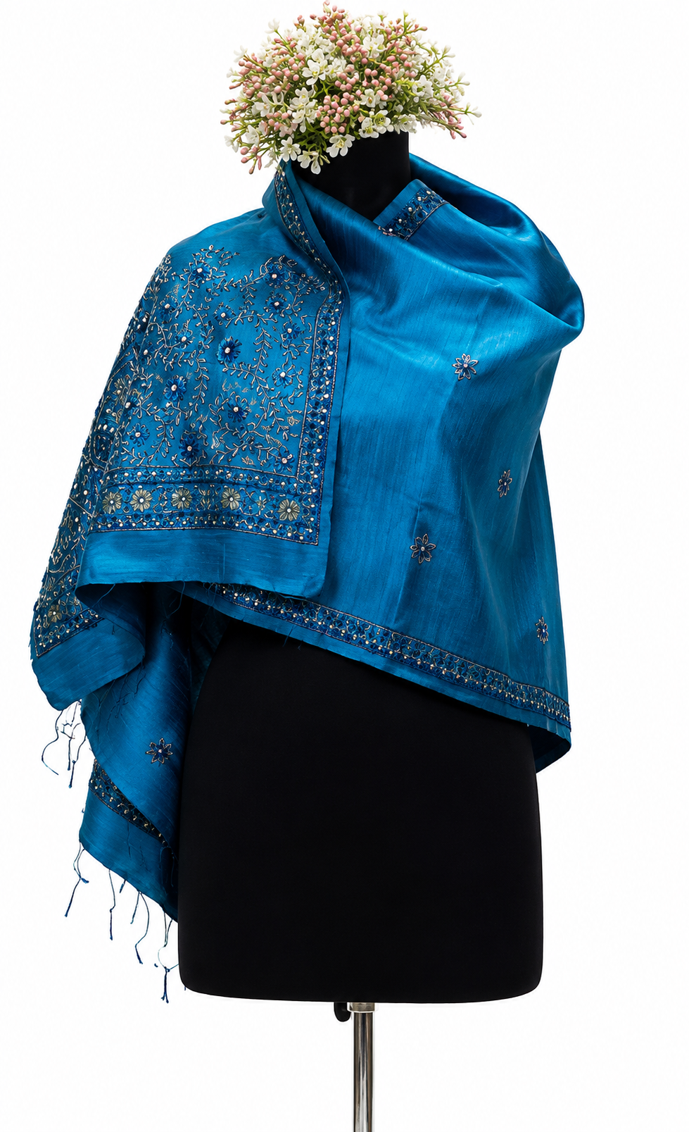 Handpainted Madhubani Dupion Silk Stole with Sujani & Flora-Fauna Motifs