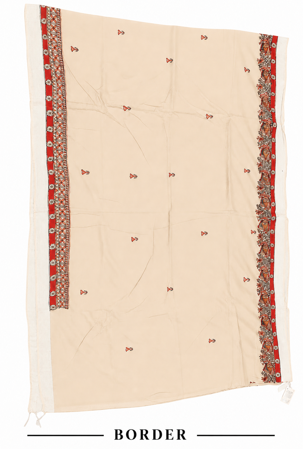 Hand-Painted Doli Ka Haar Madhubani Linen Cotton Saree with Bird Butis & Silver Zari Border in Natural Beige