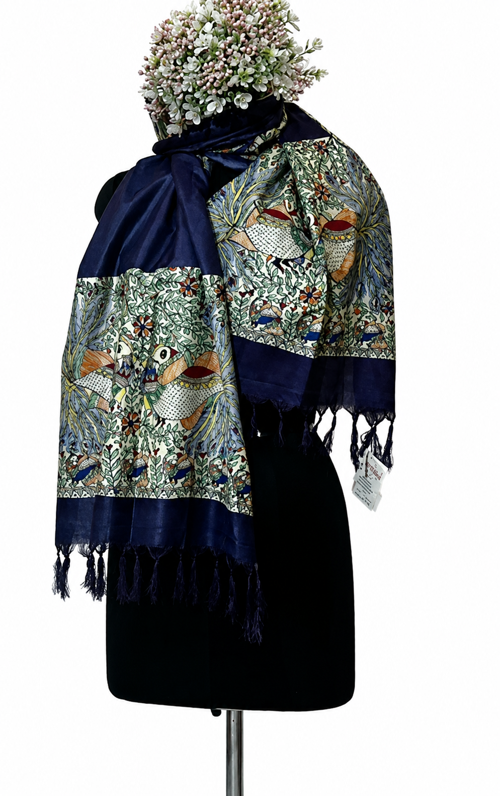 Handpainted Madhubani Tussar Munga Silk Stole with Peacock Motifs