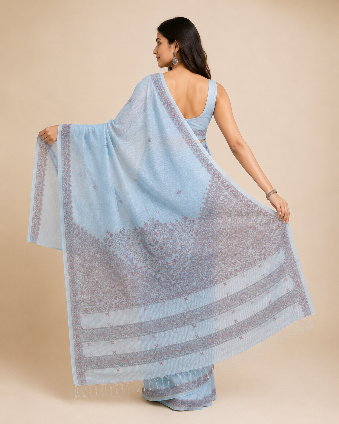 Hand-painted Sky Blue Tissue Linen Madhubani Saree with Fish Motifs & Mandala Pallu