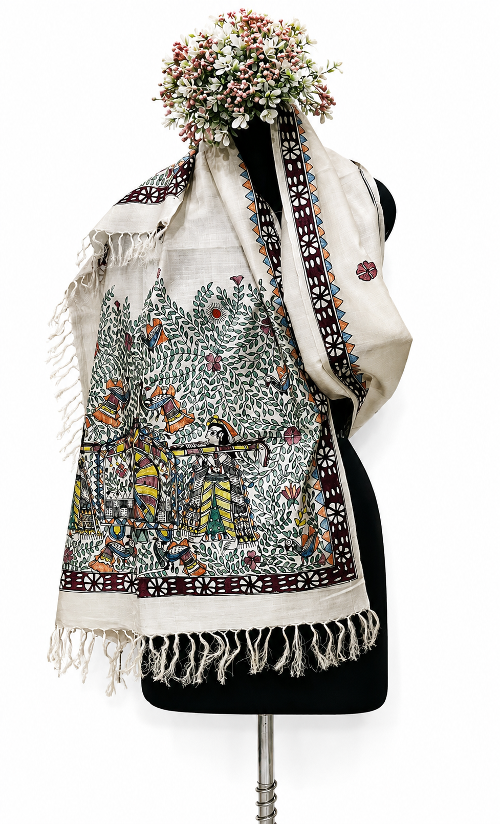 Handpainted Madhubani Tussar Munga Silk Stole with Doli Ka Haar, Peacock, and Floral Motifs