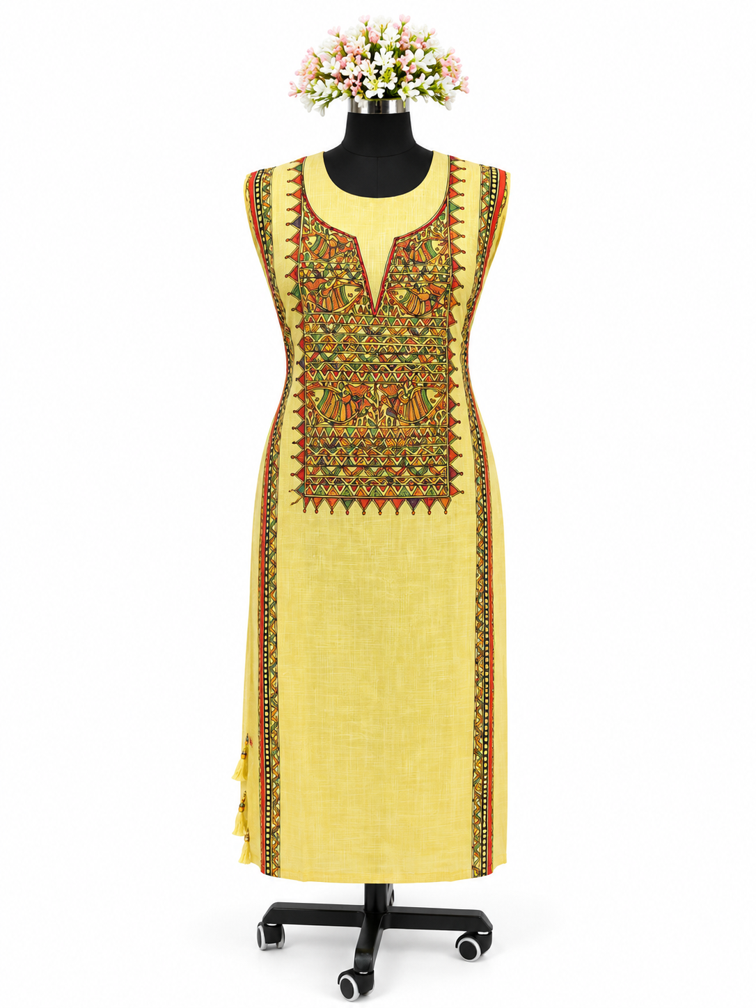 Unstitched Hand-painted Madhubani Suit Set with Artistic Fish-Inspired Neckline, Heritage Panel Artwork and Grand Boutique Dupatta