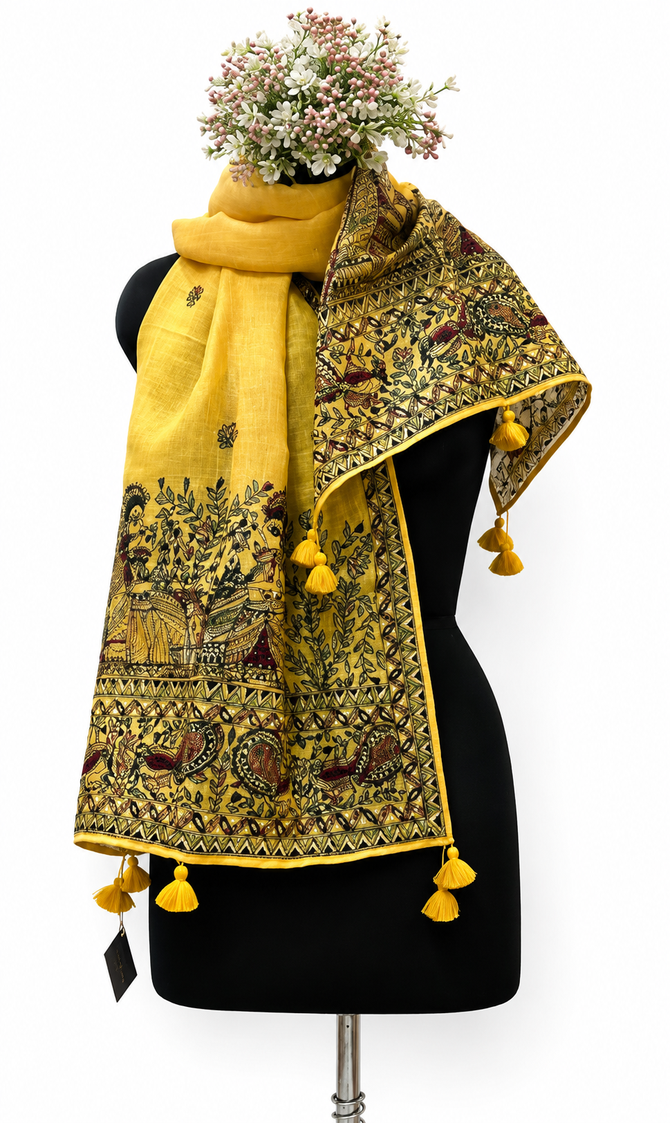 Handpainted Madhubani Linen Stole with Ram Swayamvar & Peacock Motifs