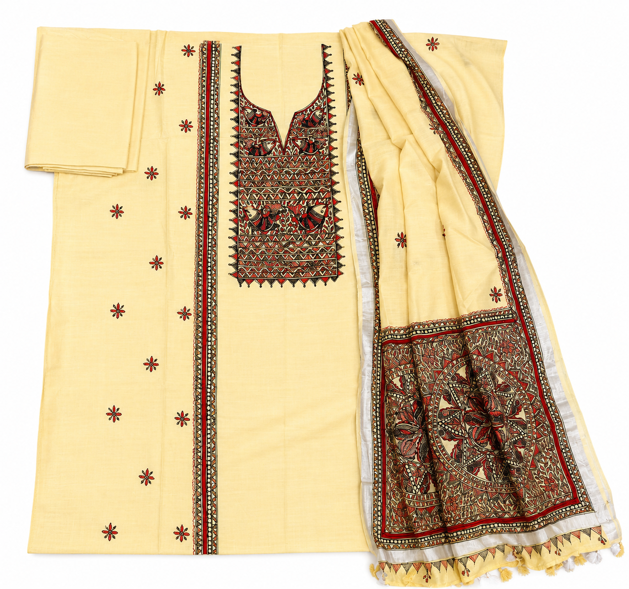 Hand-painted Madhubani Chanderi Suit Set with Artistic Panel Detailing, Aquatic-Inspired Madhubani Artwork and Designer Dupatta with Tassel Finish