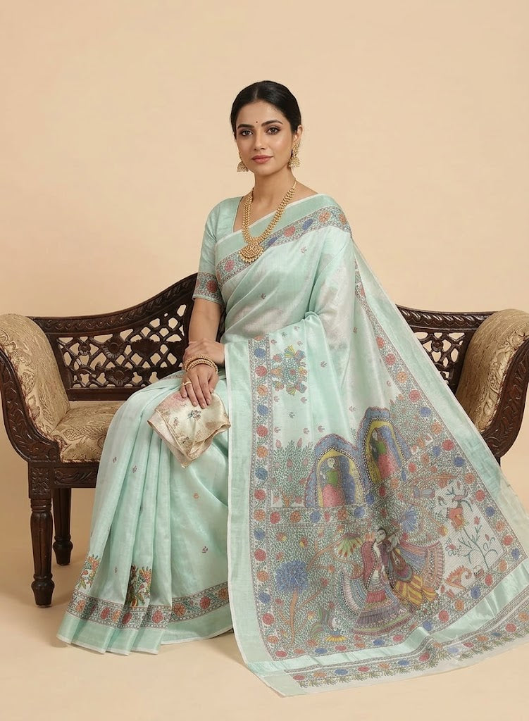 Hand-painted Madhubani Tissue Kasavu Kerala Saree – Pastel Mint Green