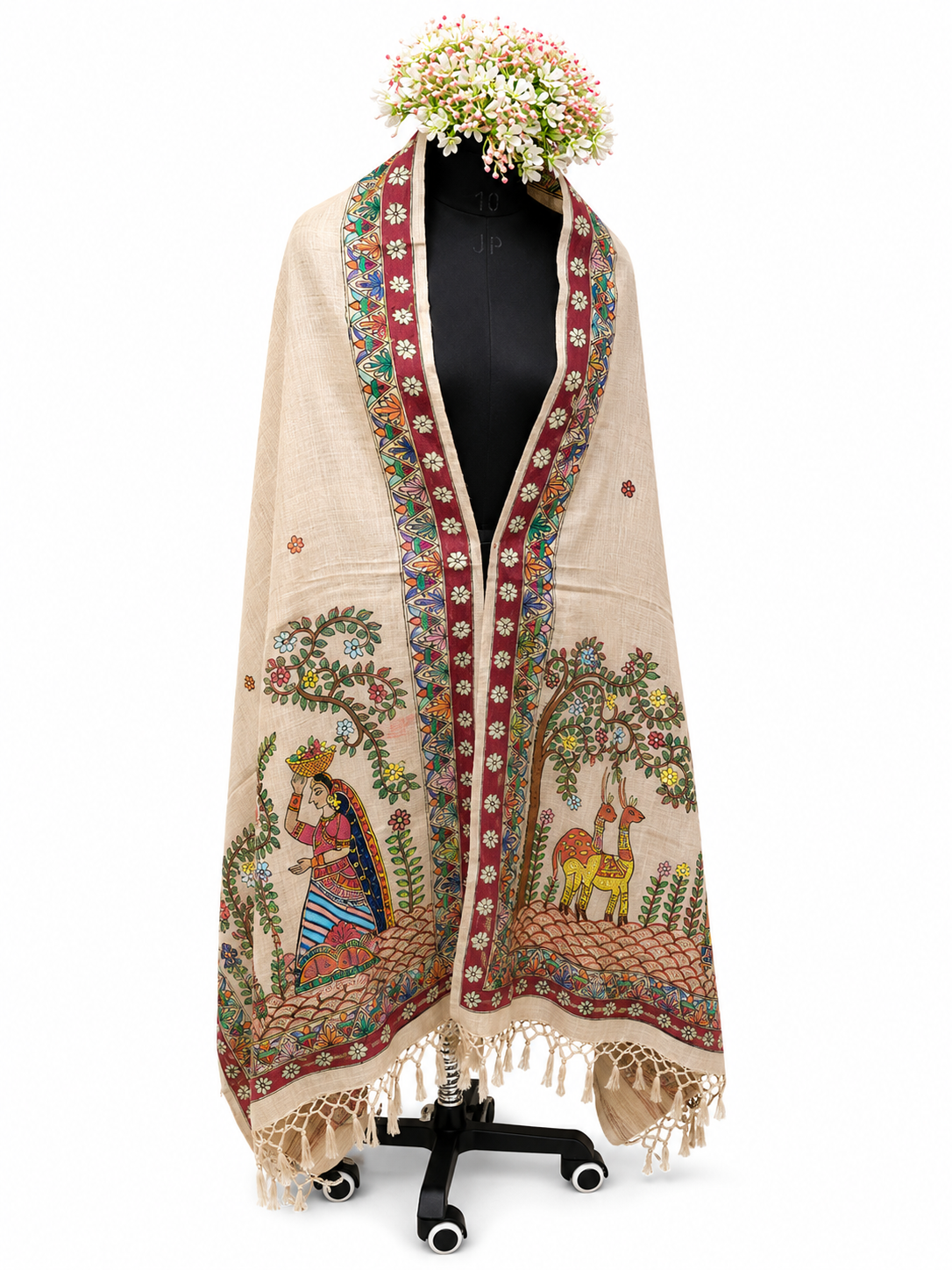 Hand-Painted Madhubani Rural Life Desi Tussar Silk Dupatta