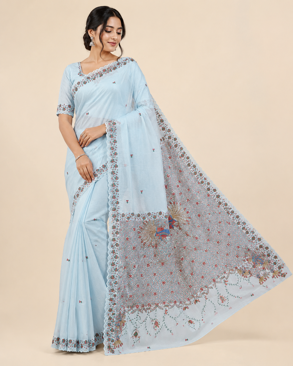 Hand-painted Pastel Sky Blue Organza Saree with Cutdana Embroidery & Scalloped Edges