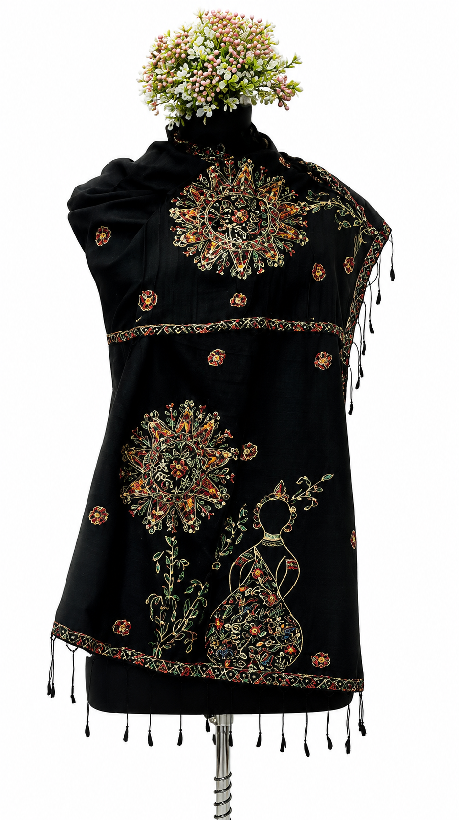 Handpainted Madhubani Dupion Silk Stole with Buddha Motif