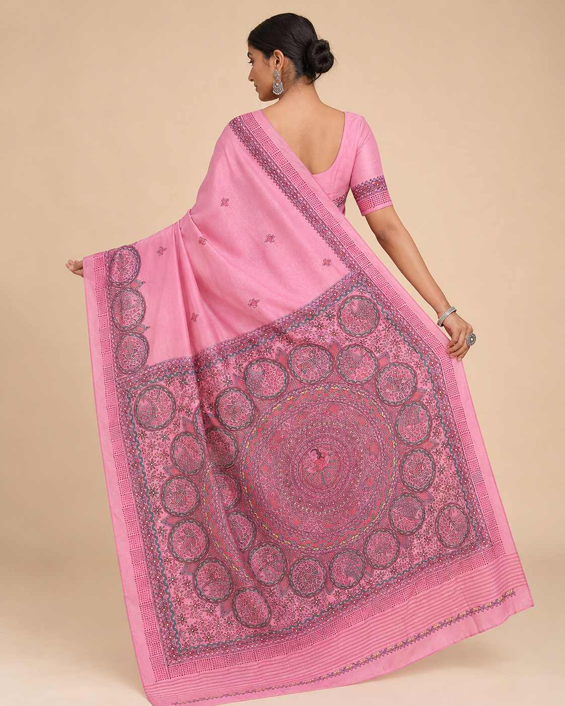Hand-painted Tussar Munga Silk Saree with Sujani Folk Art, Mandala Peacock Pallu & Rich Zari Border - Rose Pink