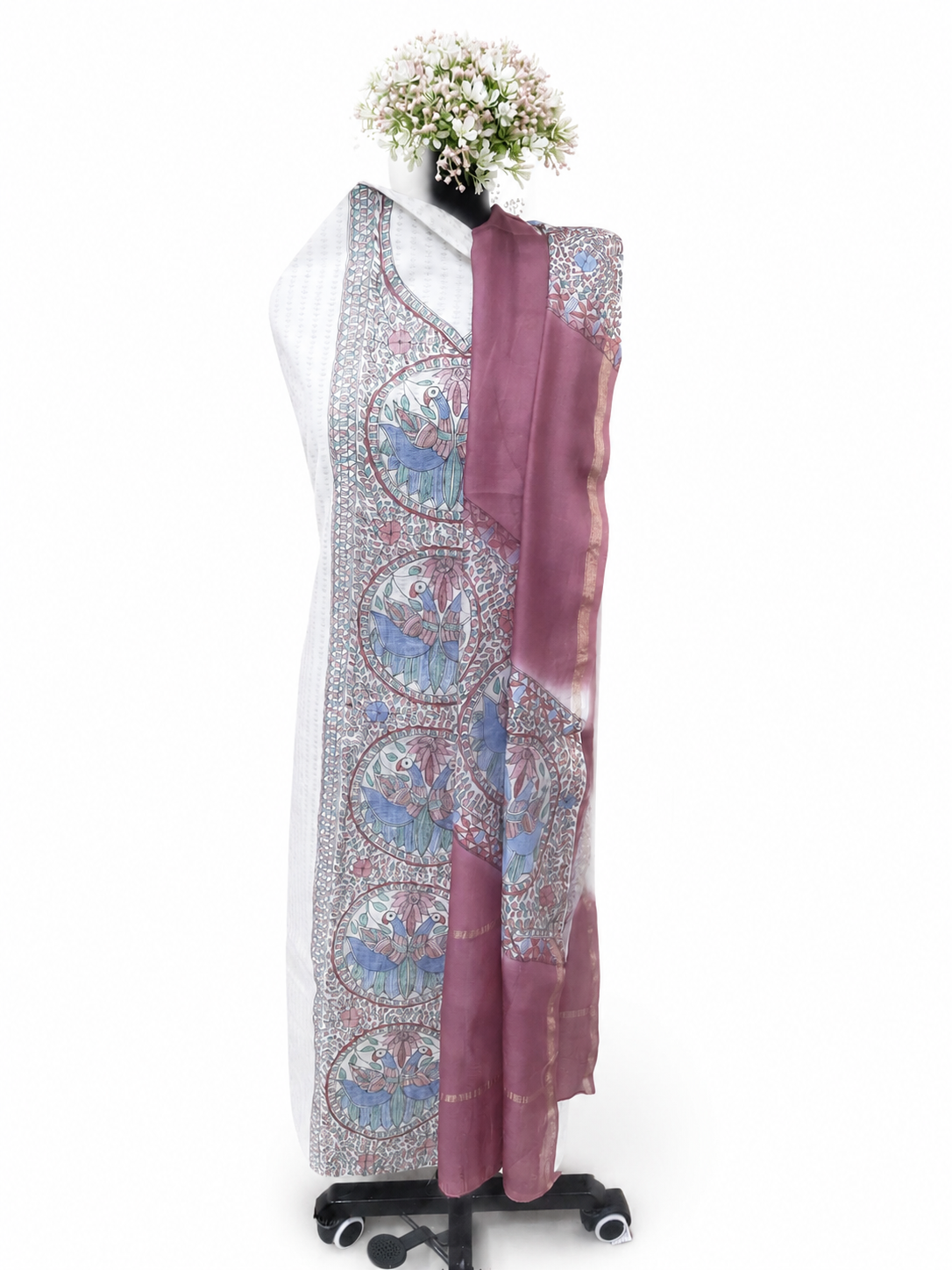 Hand-painted Madhubani Chanderi Suit Set with Mithila Panel Artwork, Peacock-Inspired Detailing, Cutwork Kurti and Leheriya Dupatta with Zari Border
