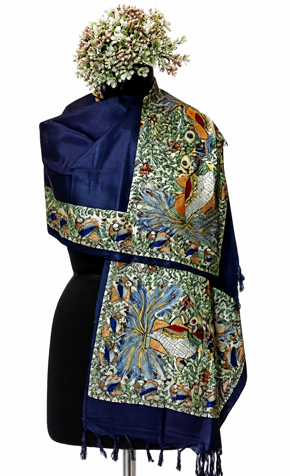 Handpainted Madhubani Tussar Munga Silk Stole with Peacock Motifs