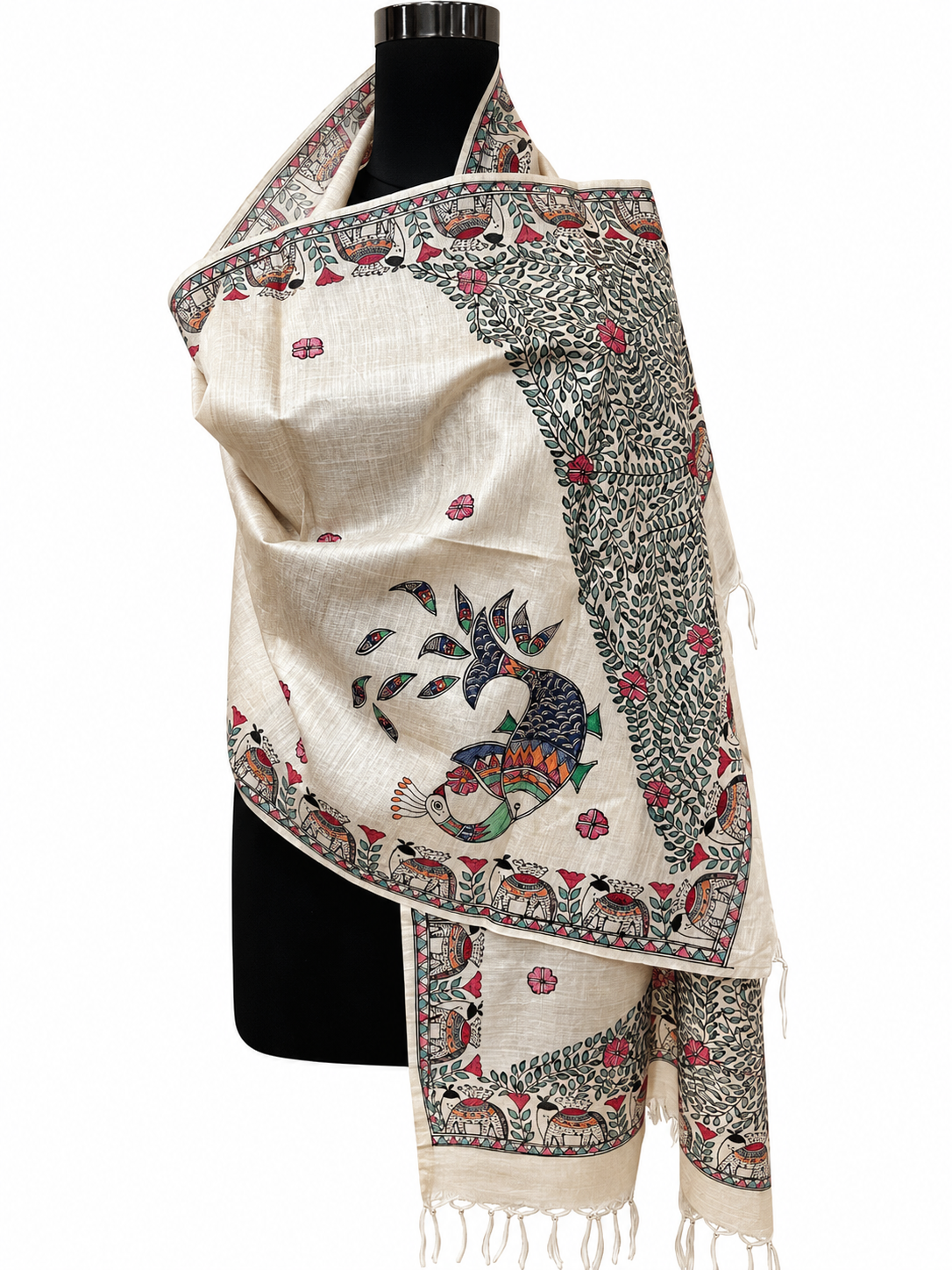 Hand-painted Beige Tussar Munga Silk Stole with Elephant and Peacock Motif & Floral Vine Design