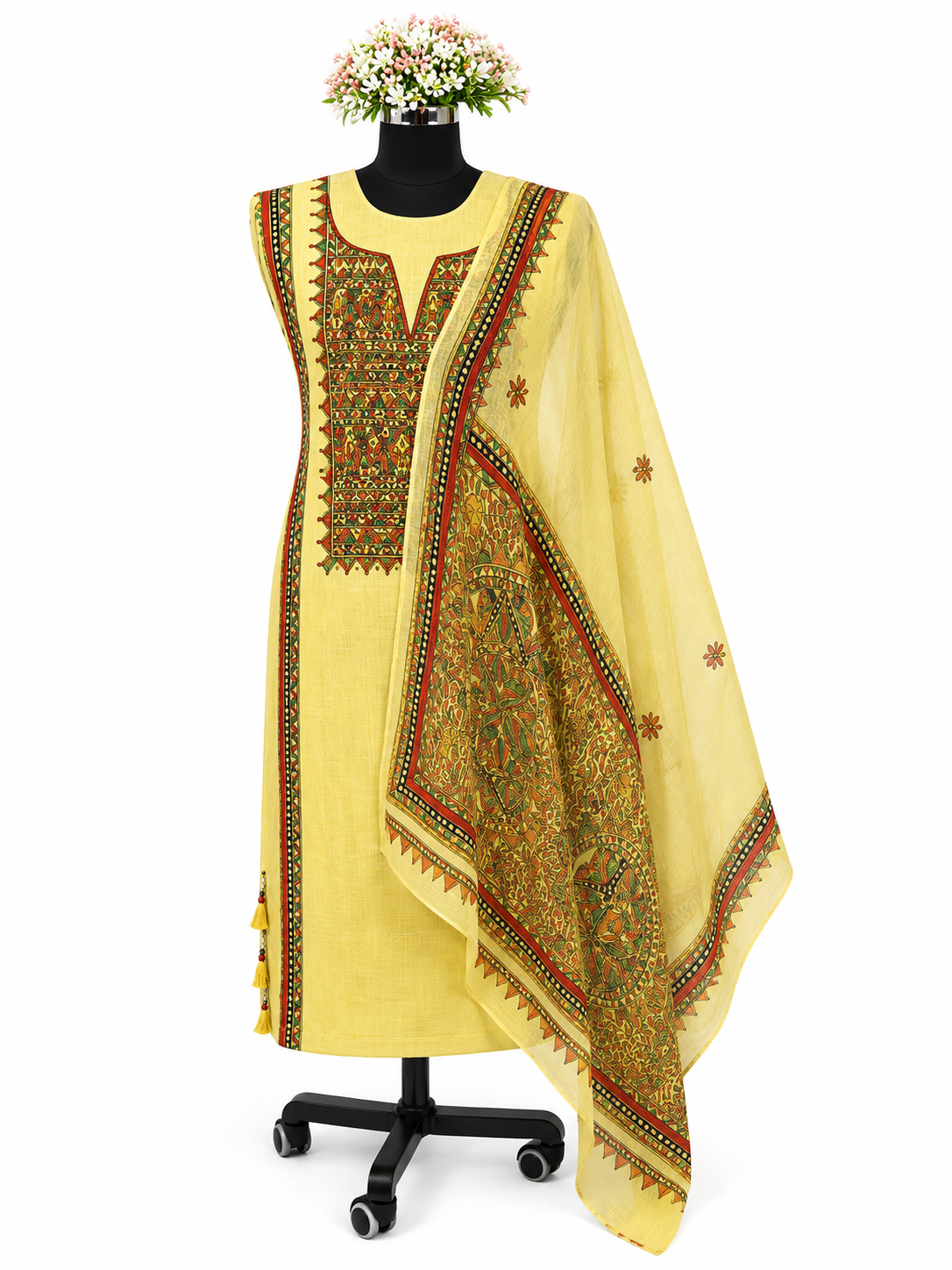 Unstitched Hand-painted Madhubani Suit Set with Artistic Fish-Inspired Neckline, Heritage Panel Artwork and Grand Boutique Dupatta