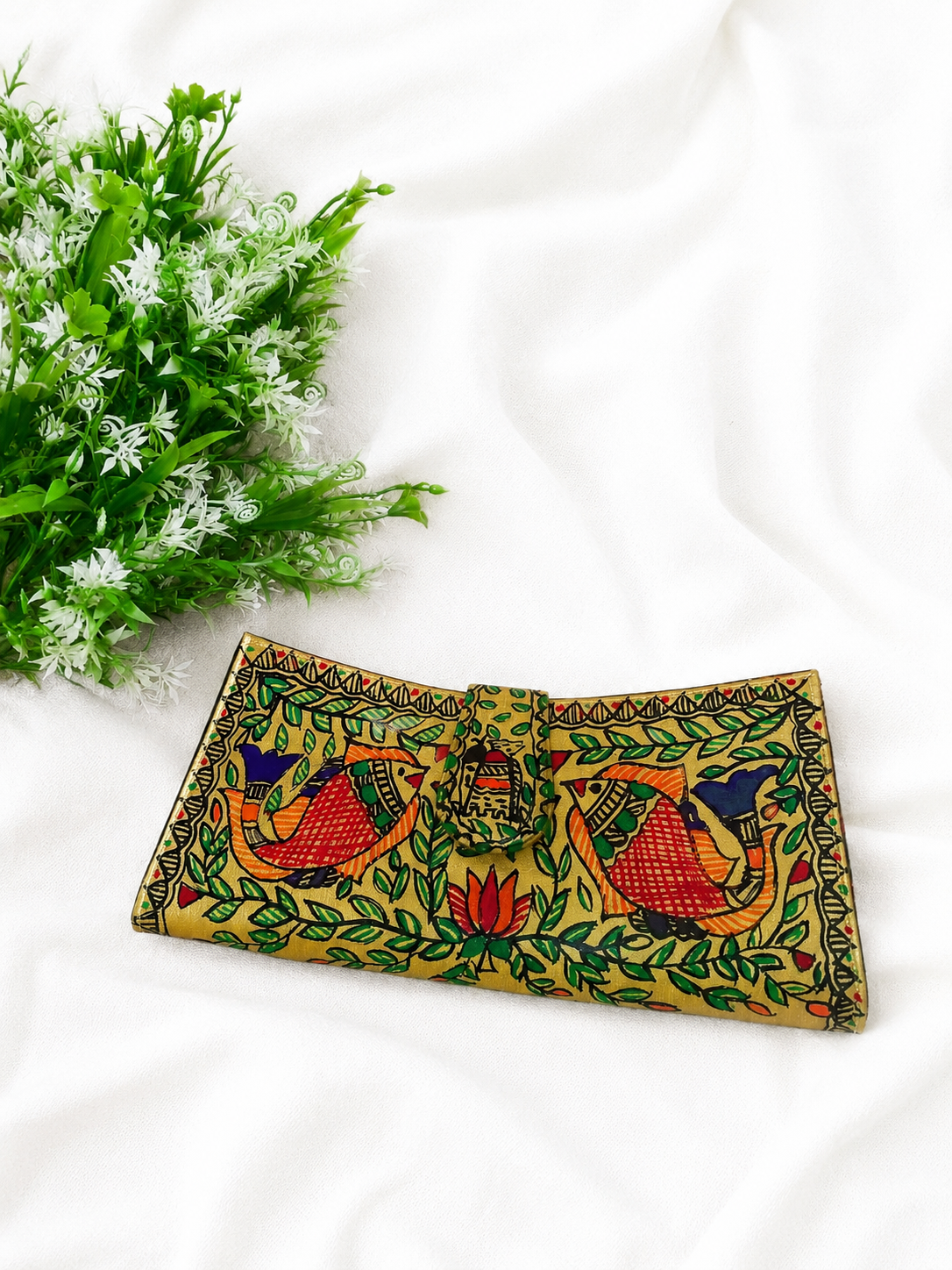Handpainted Dual-Sided Madhubani Silk Clutch – Bird & Lotus Theme | Mustard Yellow Silk Envelope Clutch