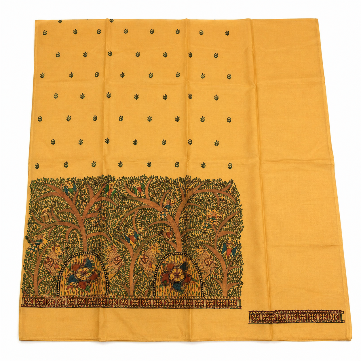 Unstitched Handpainted Tussar Munga Silk Suit Set with Fish, Peacock and Elephant Motifs, Boutique Work Dupatta with Zari Border and Cotton Lower
