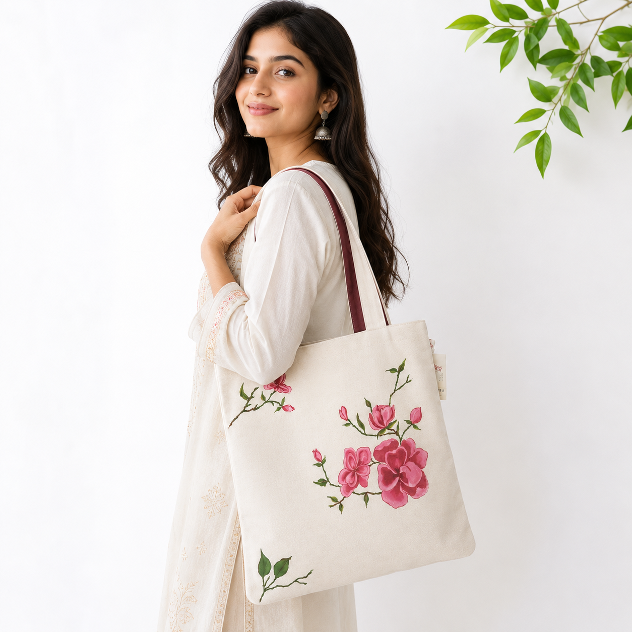 Hand-Painted Blooming Floral Cotton Tote Bag